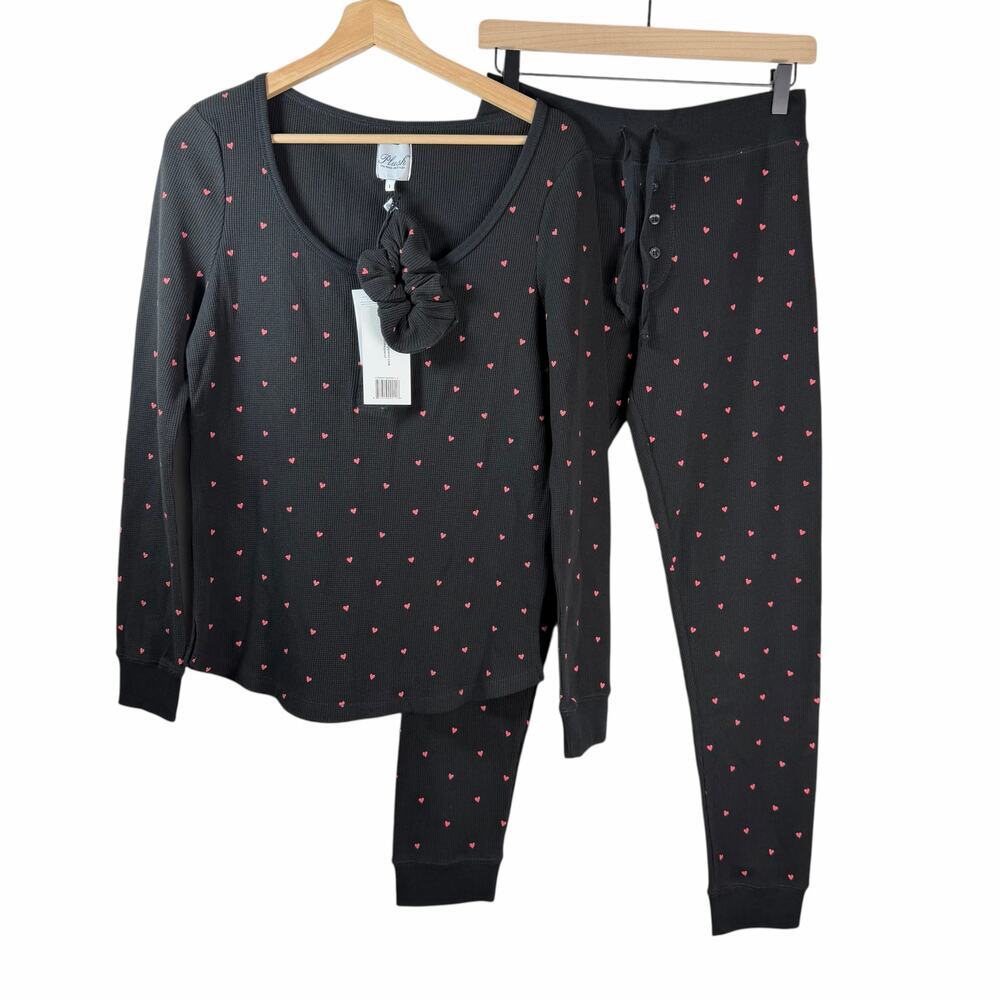 New Plush Black Heart Print Waffle Knit PJ Lounge Set W/Scrunchie Size Large